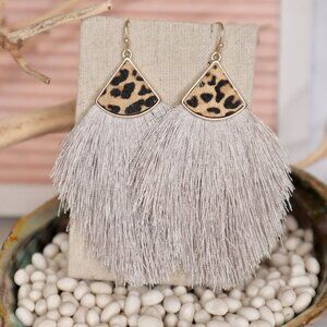 Light Gray Reversible Leopard Tassel Earrings
